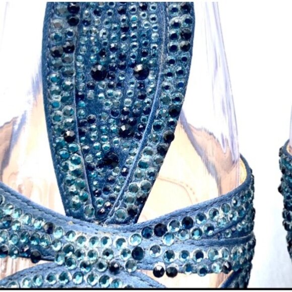 Alex Marie T-Strap Beaded Peep-Toe Dressy Heels Black Tie Fabric 7.5 Navy Blue - Picture 6 of 14